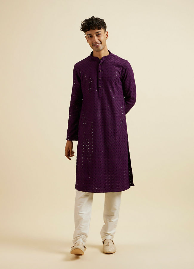 alt message - Manyavar Men Purple Chikankari Sequinned Kurta Set image number 2