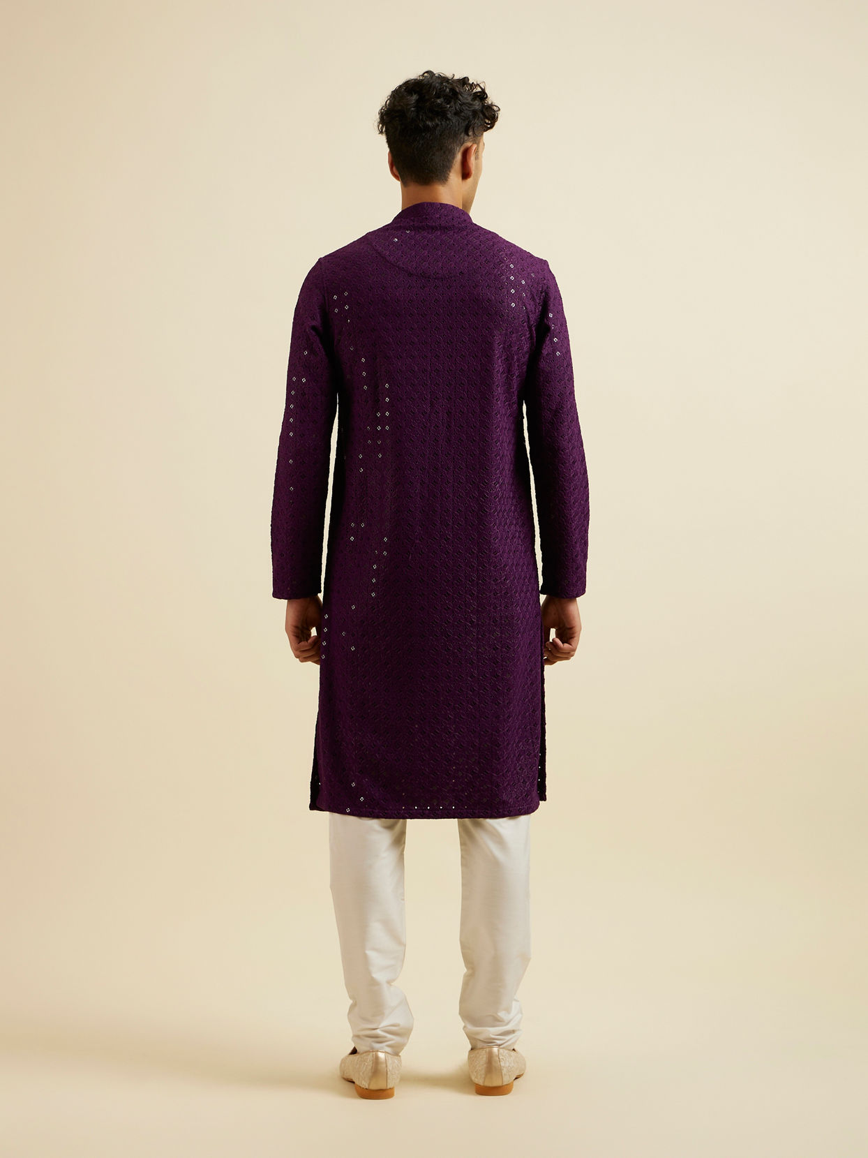 alt message - Manyavar Men Purple Chikankari Sequinned Kurta Set image number 4