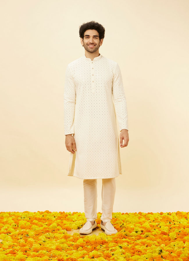 Manyavar Men Soft White Floral Sequin Embroidered Kurta Set