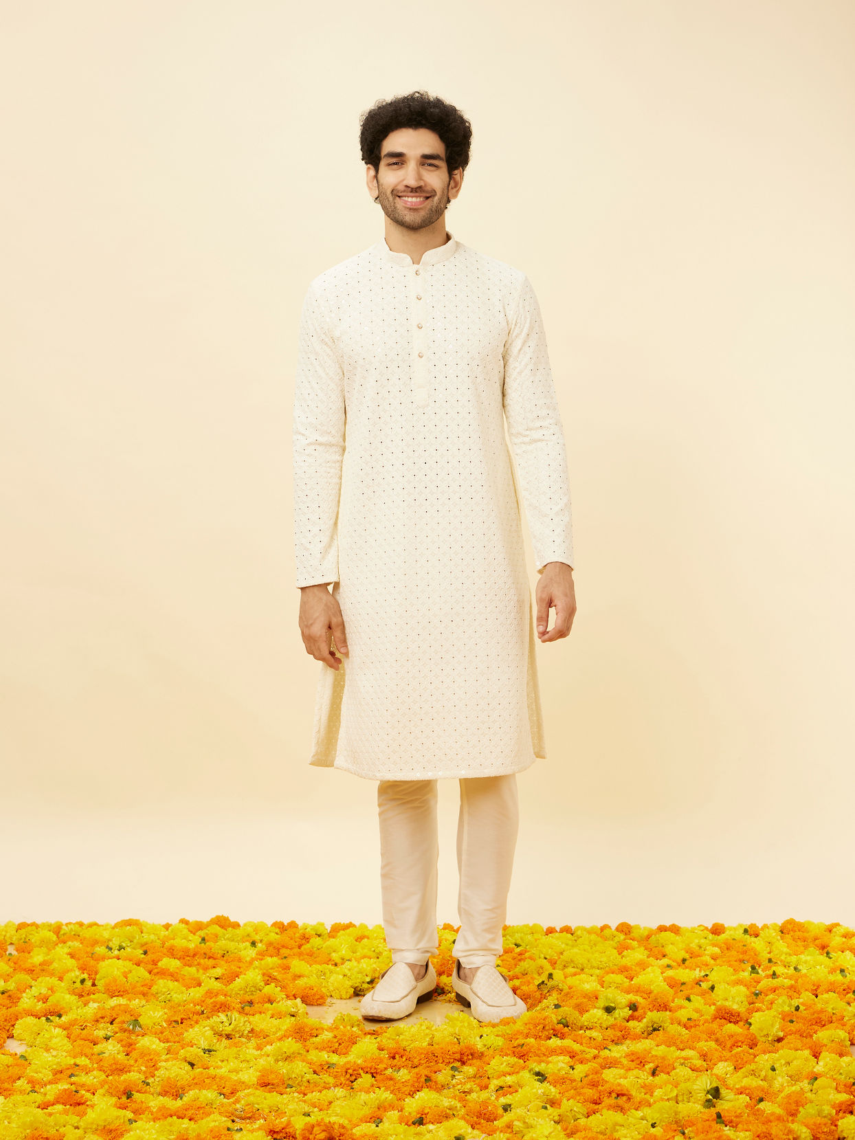 Manyavar Men Soft White Floral Sequin Embroidered Kurta Set