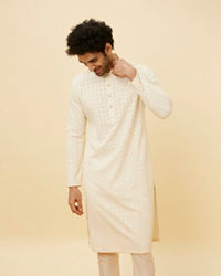 Manyavar Men Soft White Floral Sequin Embroidered Kurta Set