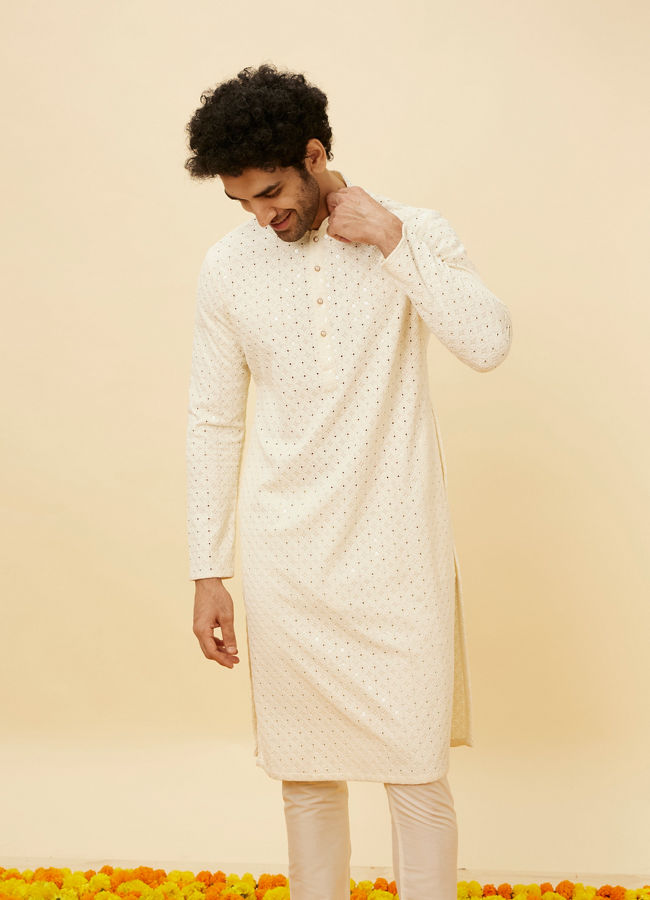 alt message - Manyavar Men Soft White Floral Sequin Embroidered Kurta Set image number 0