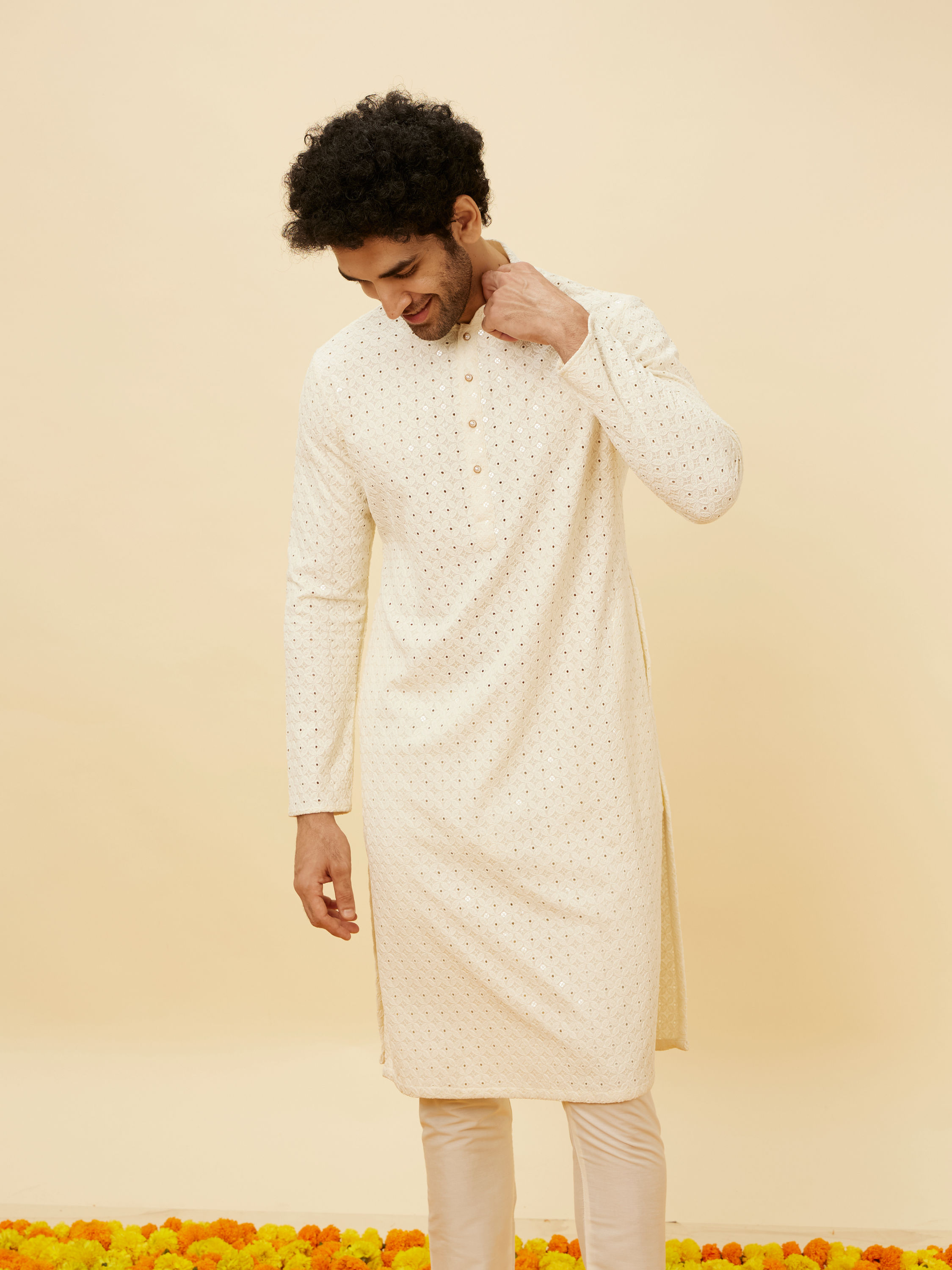 Manyavar Men Soft White Floral Sequin Embroidered Kurta Set