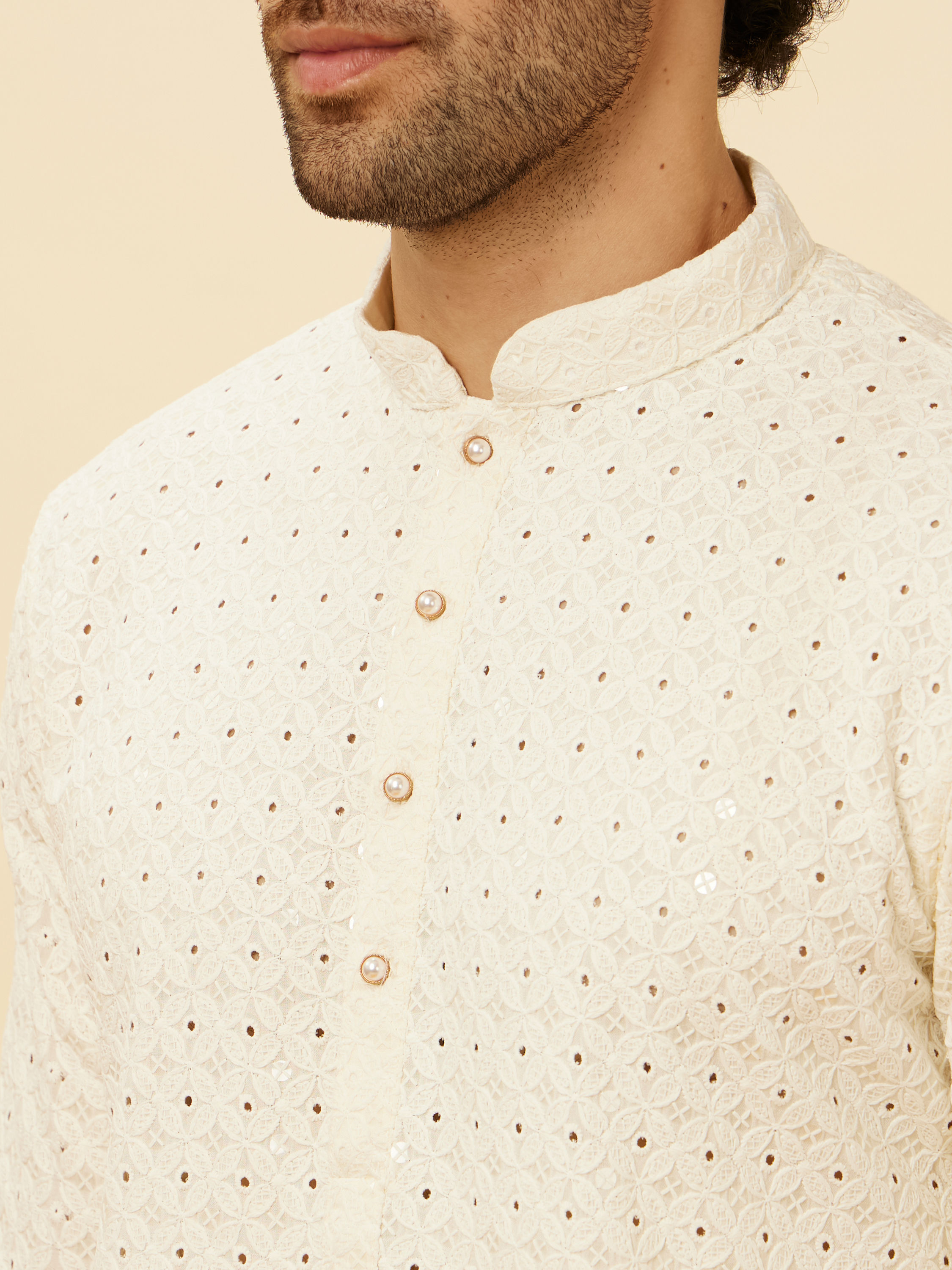 Manyavar Men Soft White Floral Sequin Embroidered Kurta Set