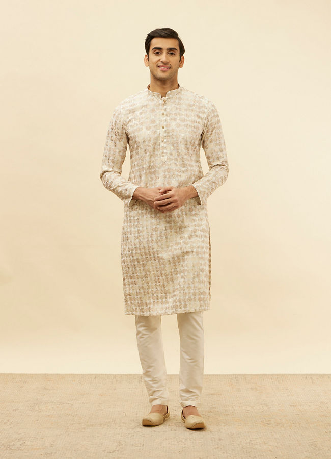 Manyavar Men Cream Overlapping Printed Kurta Set