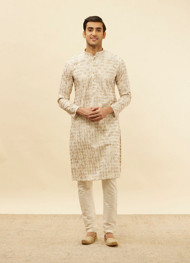 alt message - Manyavar Men Cream Overlapping Printed Kurta Set image number 2