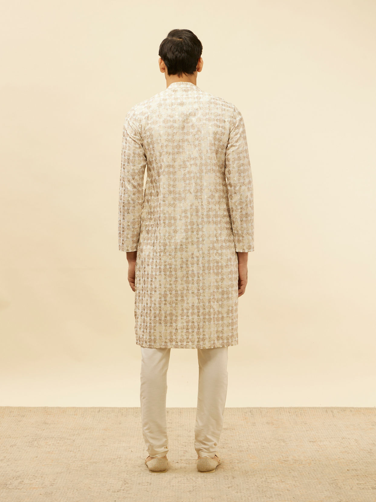 Manyavar Men Cream Overlapping Printed Kurta Set
