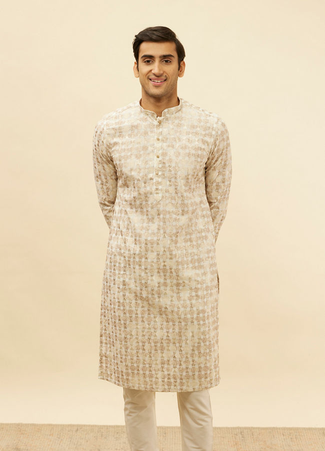 alt message - Manyavar Men Cream Overlapping Printed Kurta Set image number 0