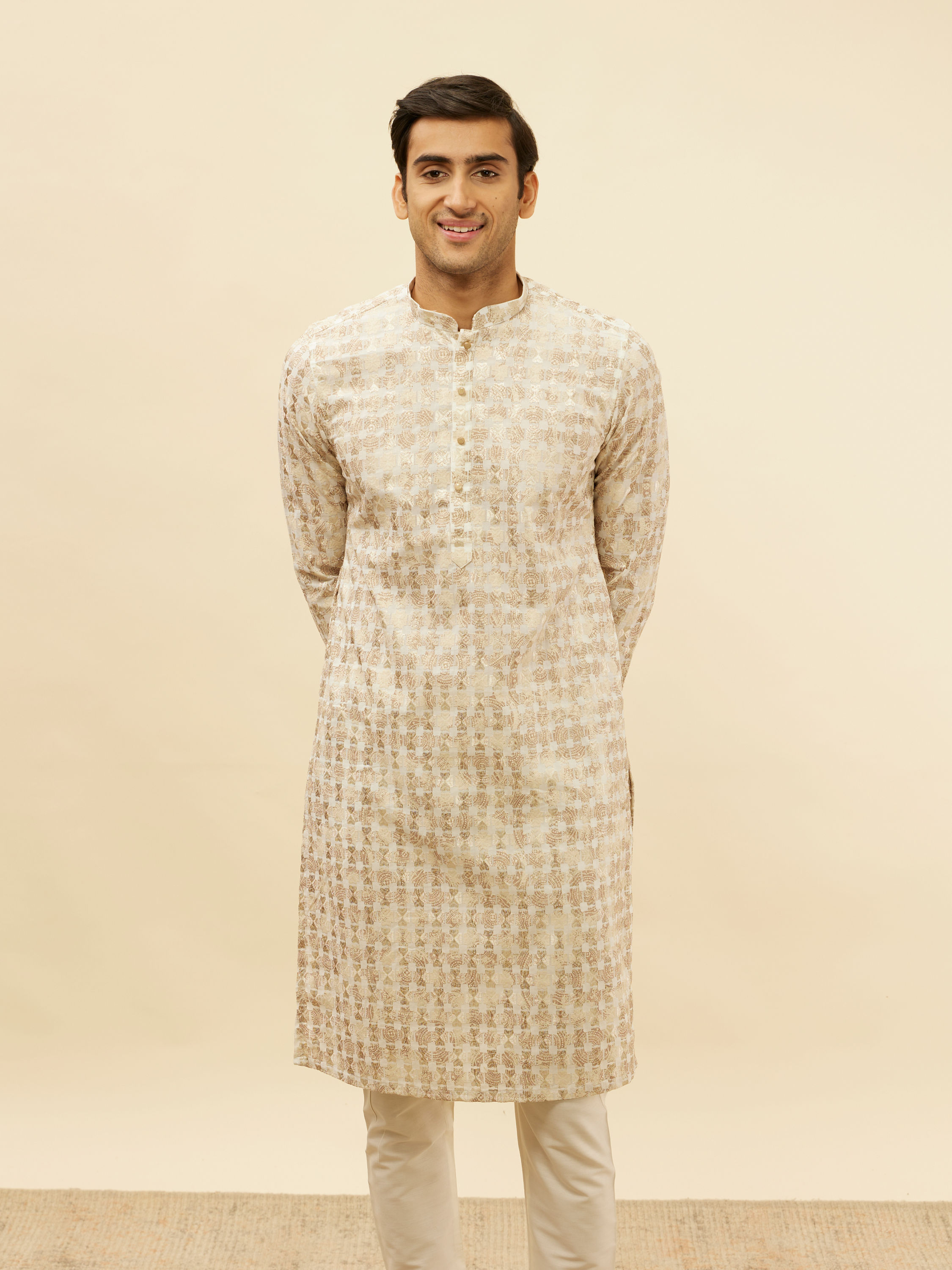 Manyavar Men Cream Overlapping Printed Kurta Set