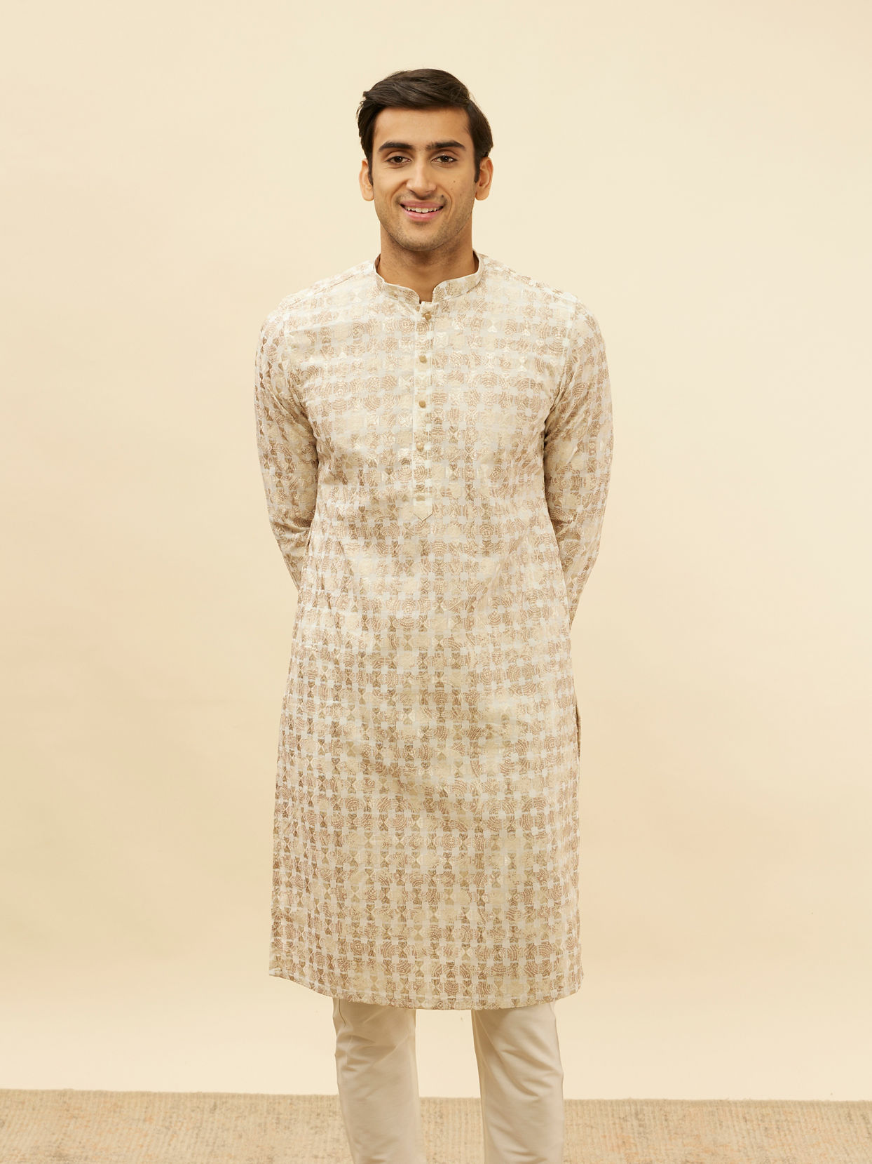 alt message - Manyavar Men Cream Overlapping Printed Kurta Set image number 0