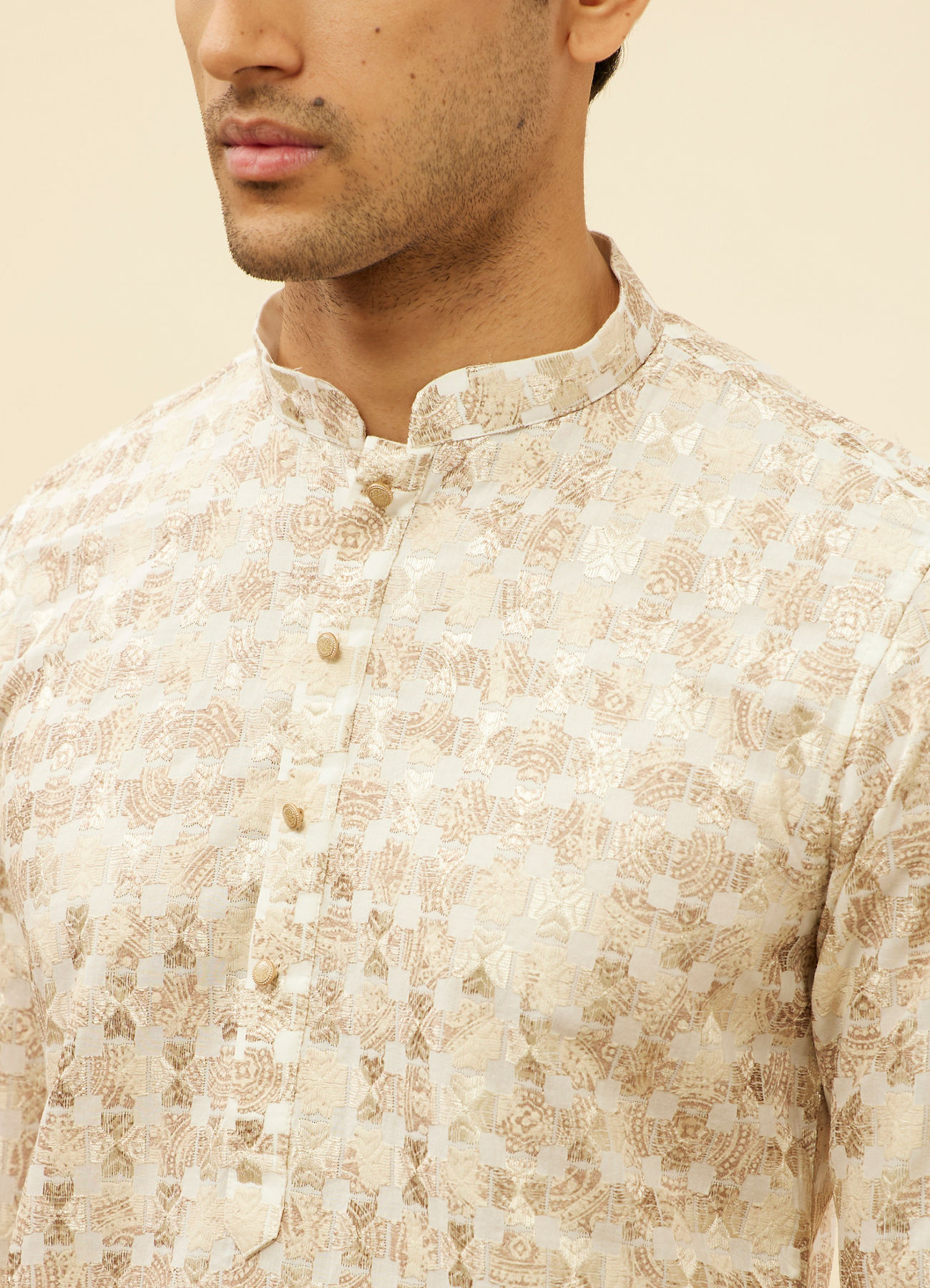Manyavar Men Cream Overlapping Printed Kurta Set