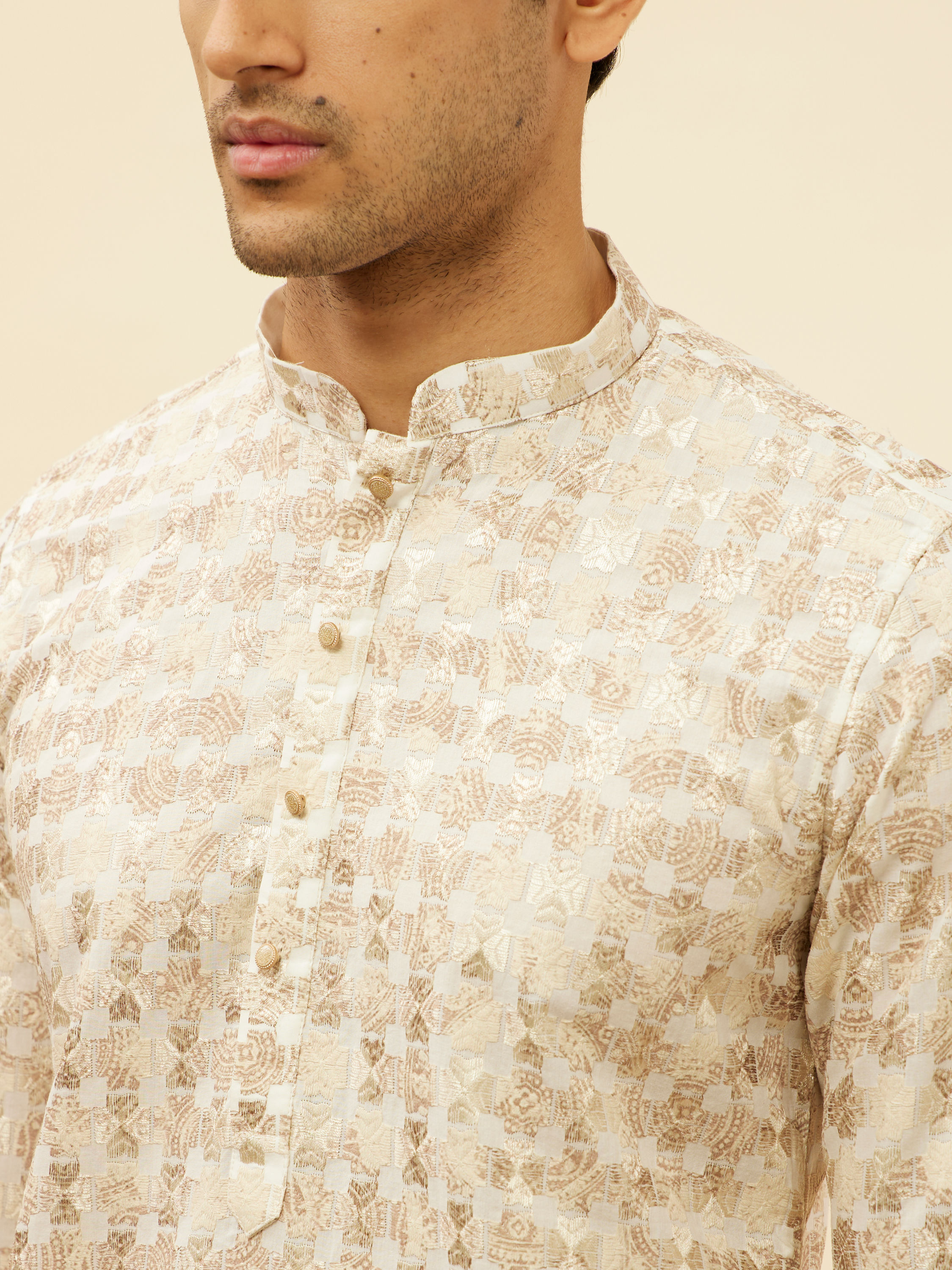 Manyavar Men Cream Overlapping Printed Kurta Set
