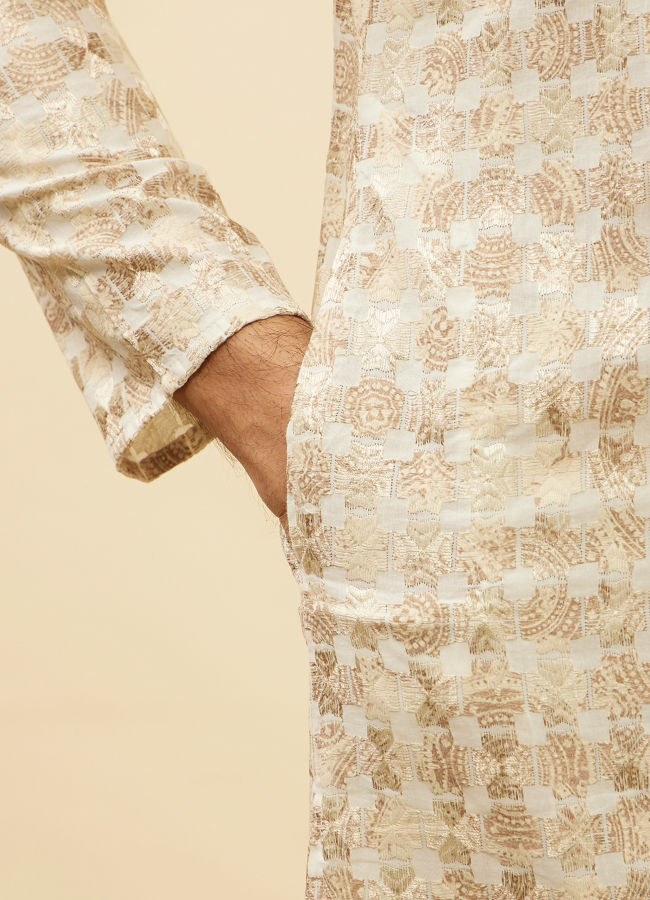 Manyavar Men Cream Overlapping Printed Kurta Set