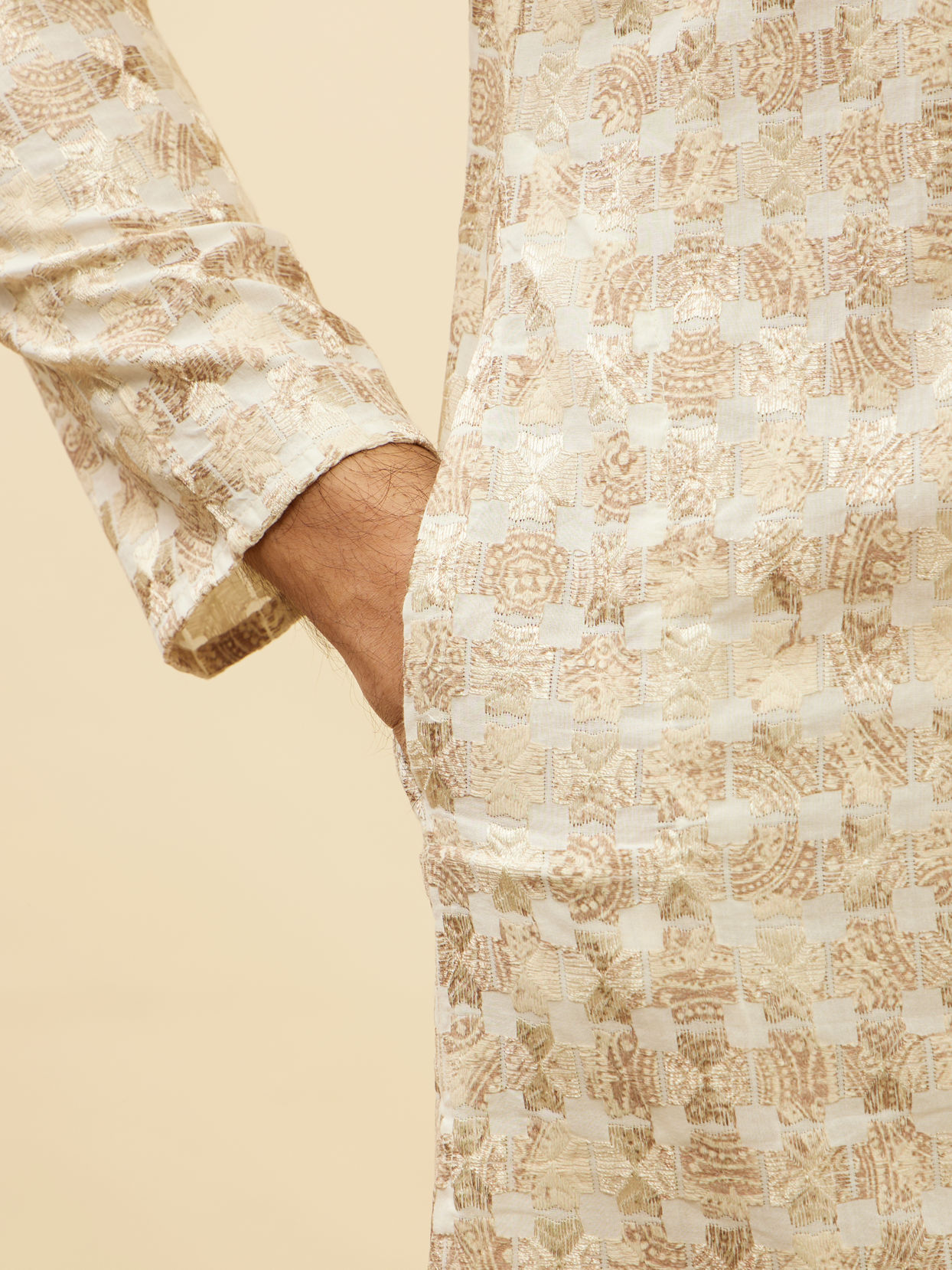 Manyavar Men Cream Overlapping Printed Kurta Set