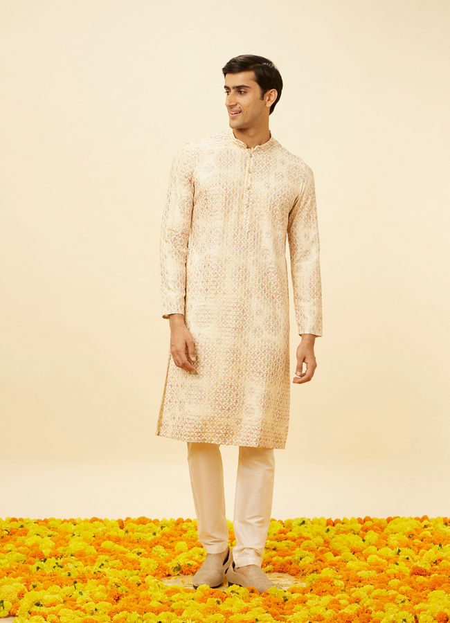 alt message - Manyavar Men Peach Beige Kaleidoscopic Patterned Kurta Set image number 2