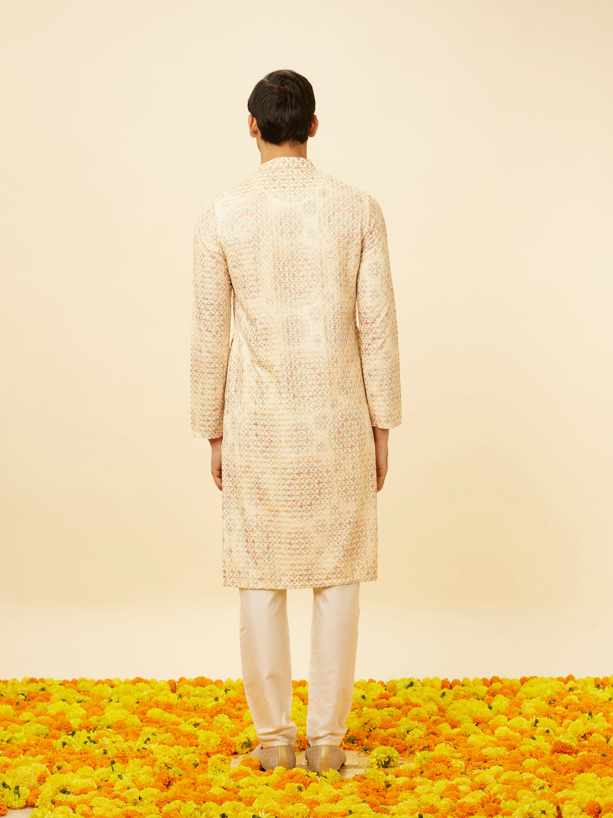 Manyavar Men Peach Beige Kaleidoscopic Patterned Kurta Set