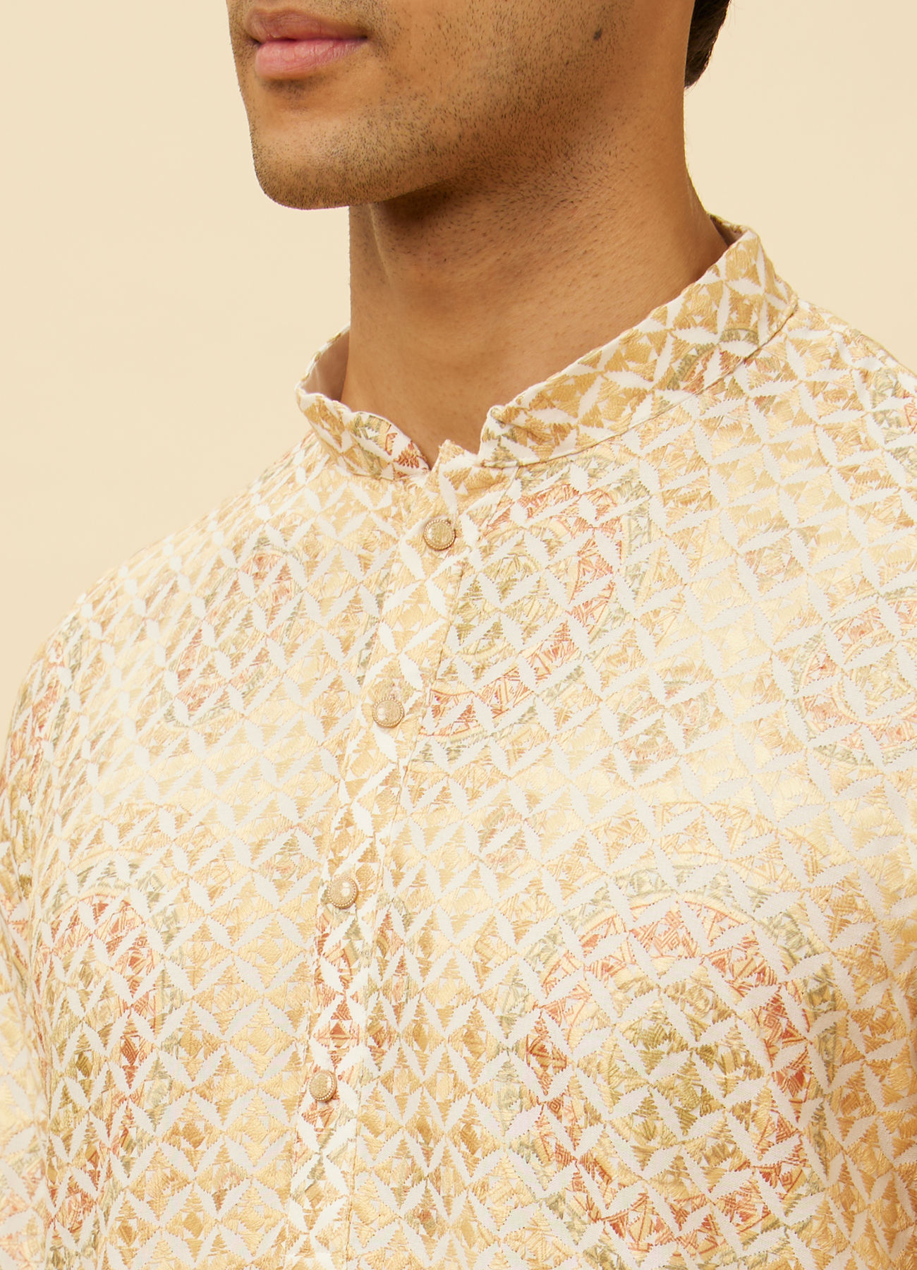 Manyavar Men Peach Beige Kaleidoscopic Patterned Kurta Set