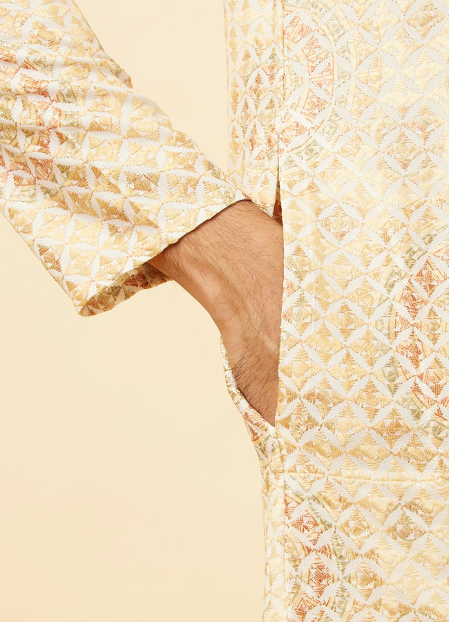 Manyavar Men Peach Beige Kaleidoscopic Patterned Kurta Set