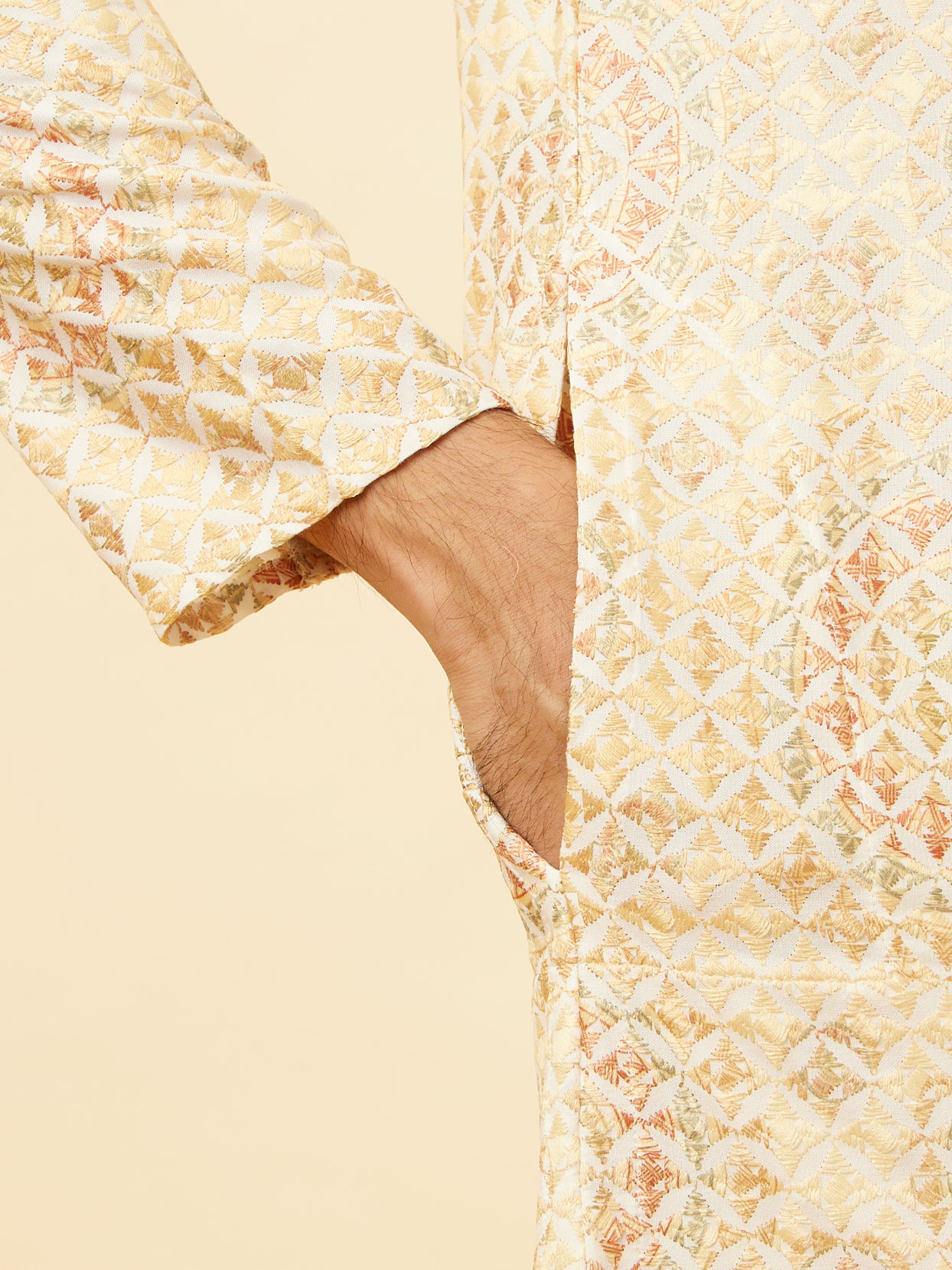 Manyavar Men Peach Beige Kaleidoscopic Patterned Kurta Set