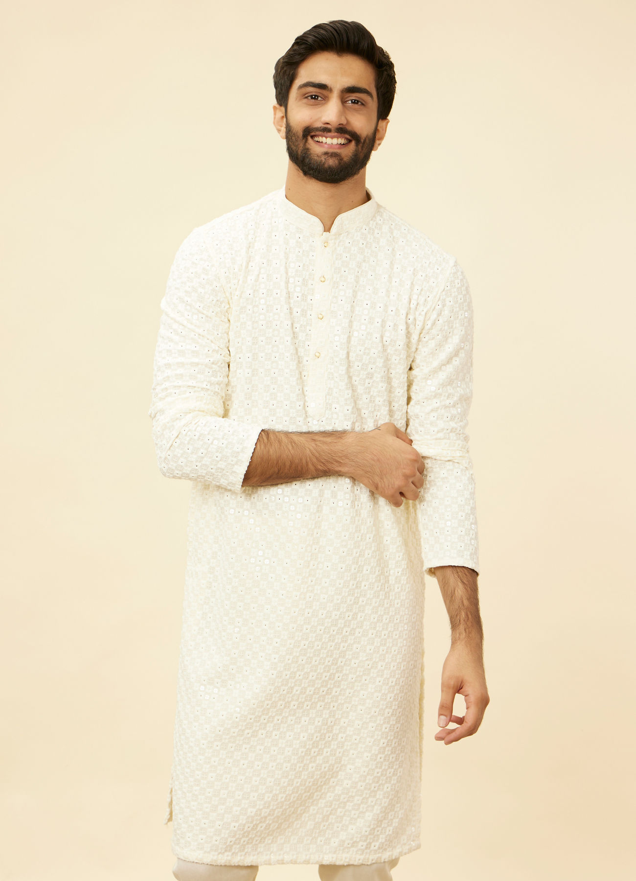 Manyavar Men Soft White Chikankari Embroidered Sequined Kurta Set