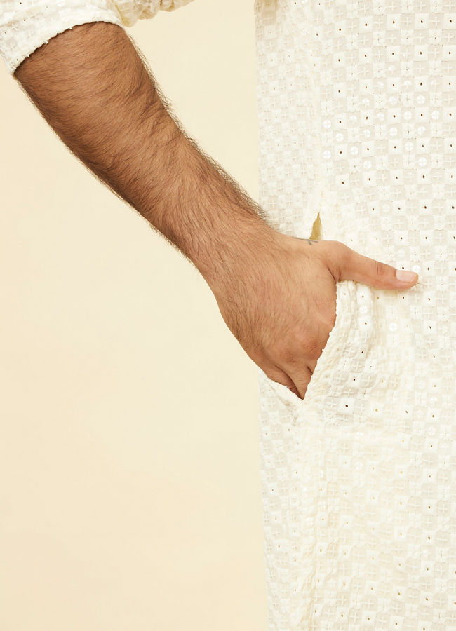 Manyavar Men Soft White Chikankari Embroidered Sequined Kurta Set