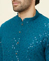 alt message - Manyavar Men Teal Blue Geometric Chikankari Kurta Set image number 1