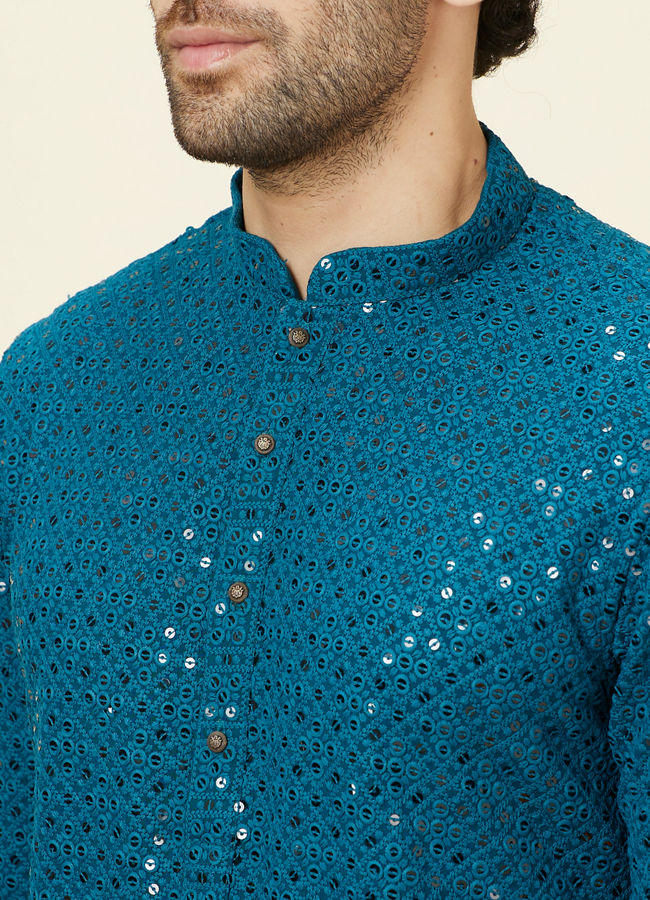 alt message - Manyavar Men Teal Blue Geometric Chikankari Kurta Set image number 1