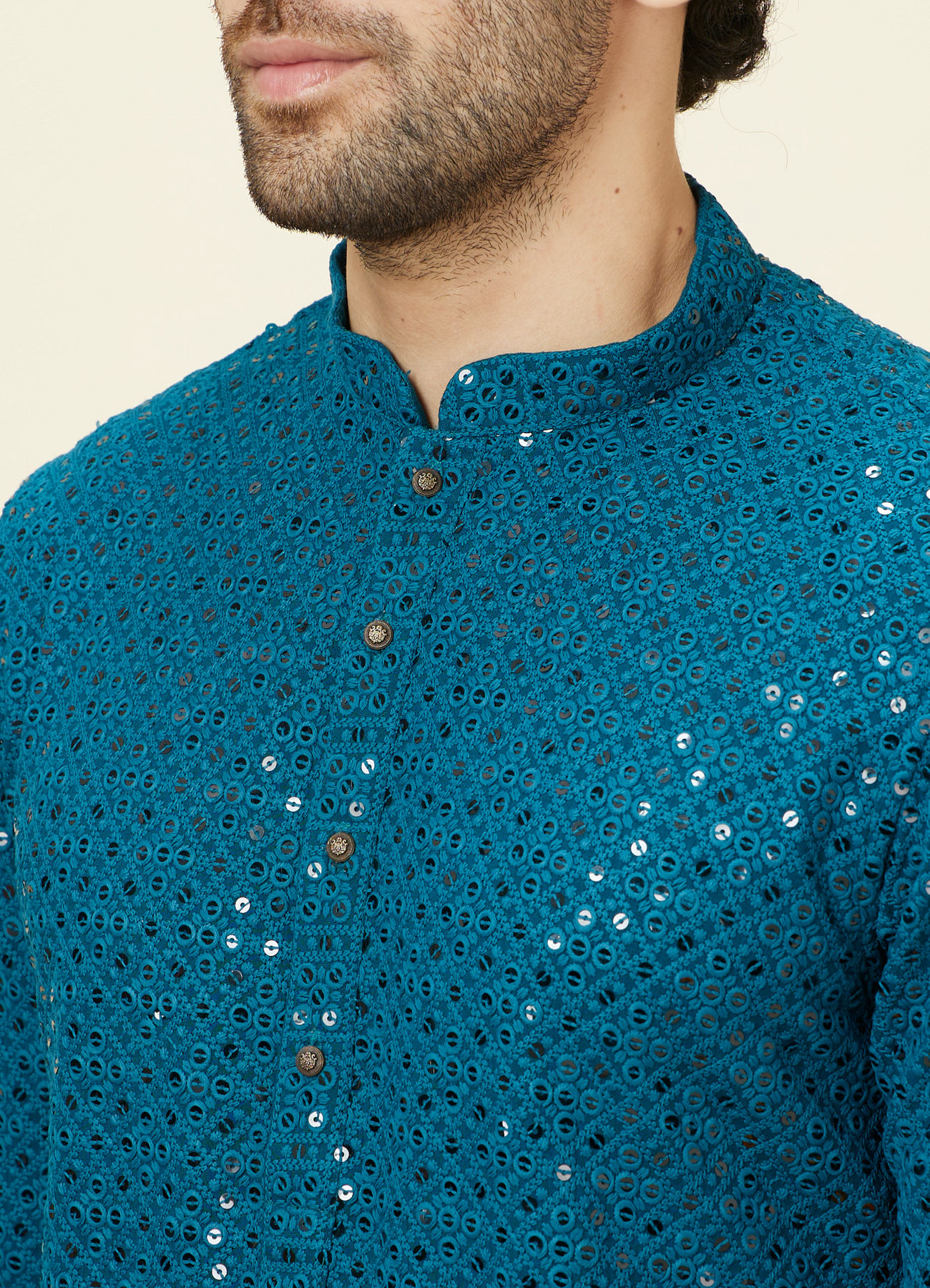 Manyavar Men Teal Blue Geometric Chikankari Kurta Set