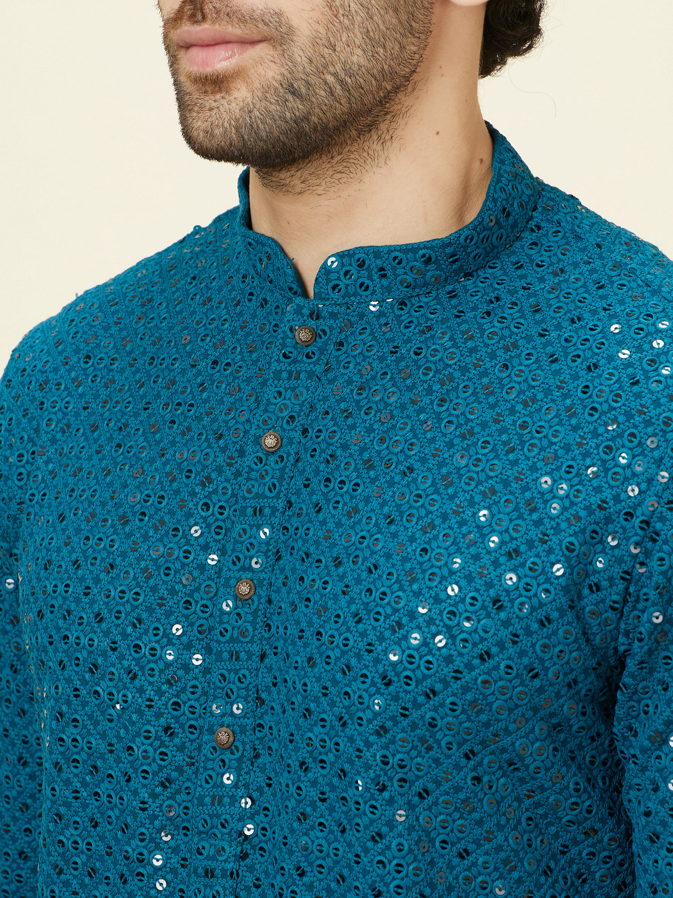 Manyavar Men Teal Blue Geometric Chikankari Kurta Set