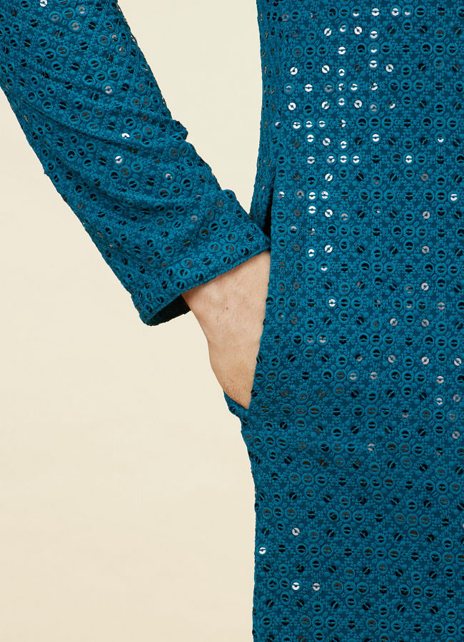 Manyavar Men Teal Blue Geometric Chikankari Kurta Set