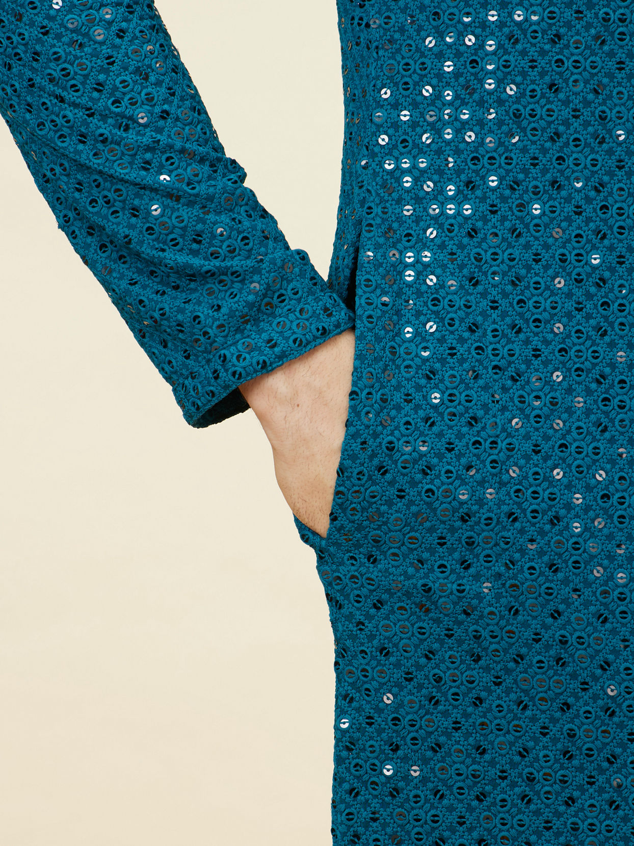 Manyavar Men Teal Blue Geometric Chikankari Kurta Set