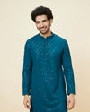 alt message - Manyavar Men Teal Blue Geometric Chikankari Kurta Set image number 0