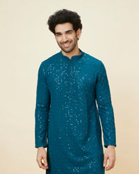 Manyavar Men Teal Blue Geometric Chikankari Kurta Set