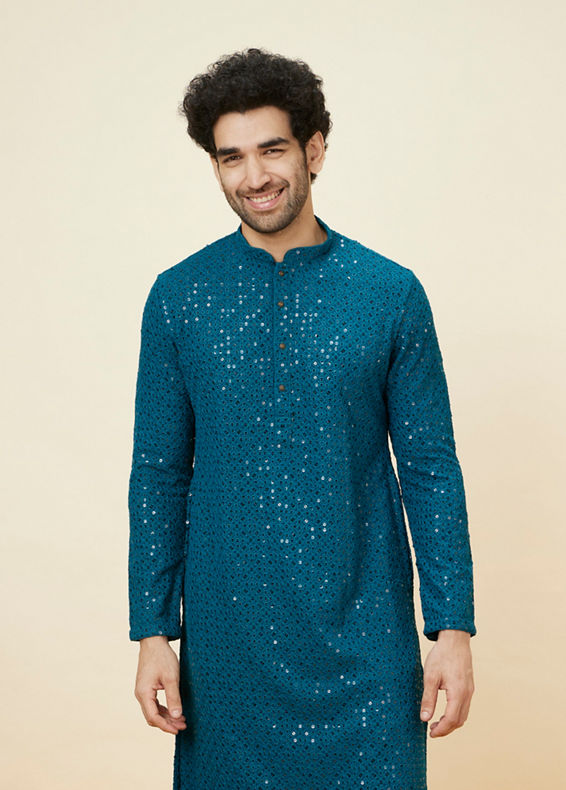 Manyavar Men Teal Blue Geometric Chikankari Kurta Set