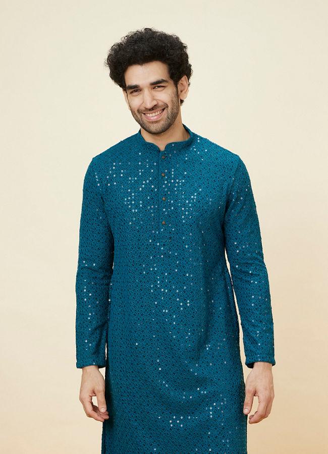 alt message - Manyavar Men Teal Blue Geometric Chikankari Kurta Set image number 0