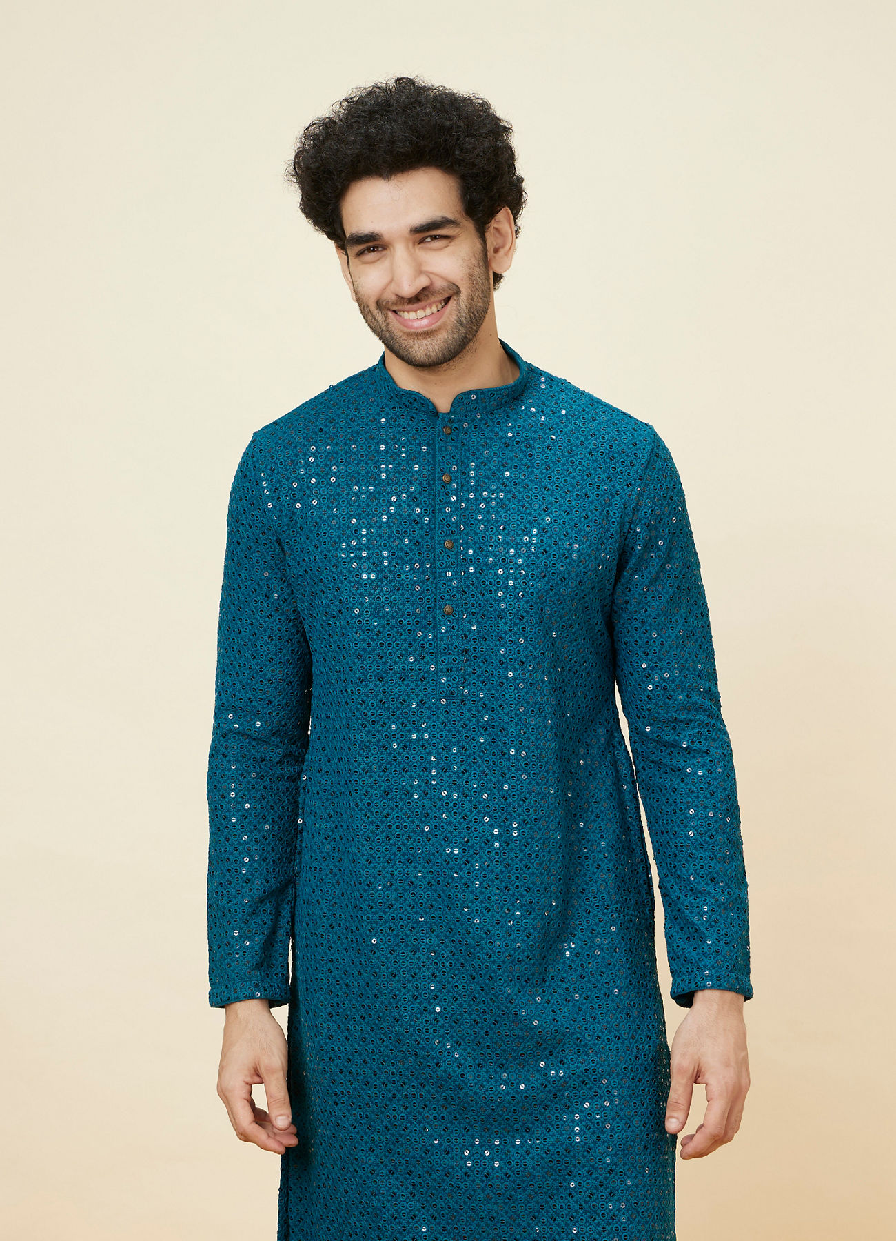 Manyavar Men Teal Blue Geometric Chikankari Kurta Set