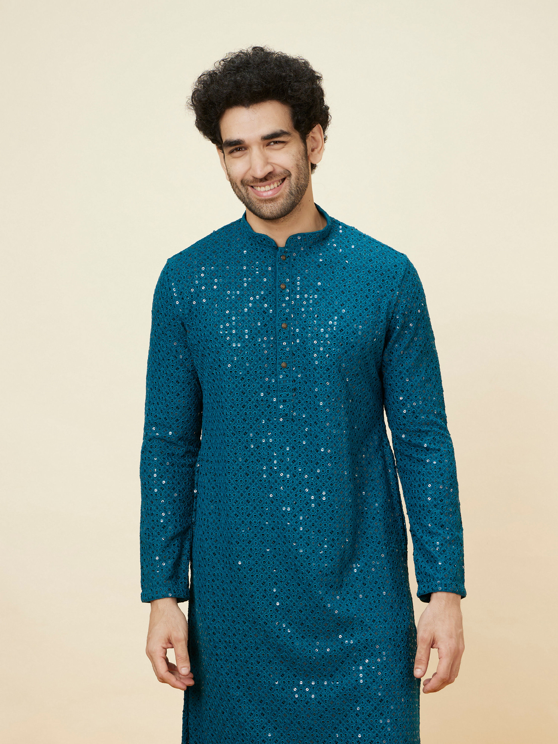 Manyavar Men Teal Blue Geometric Chikankari Kurta Set