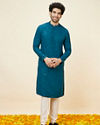 Manyavar Men Teal Blue Geometric Chikankari Kurta Set