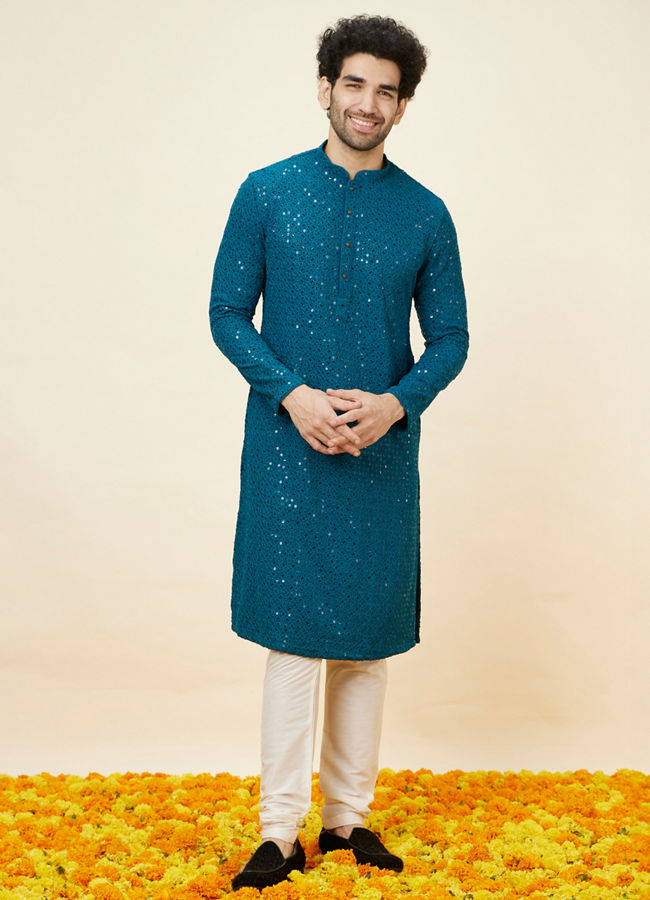 Manyavar Men Teal Blue Geometric Chikankari Kurta Set