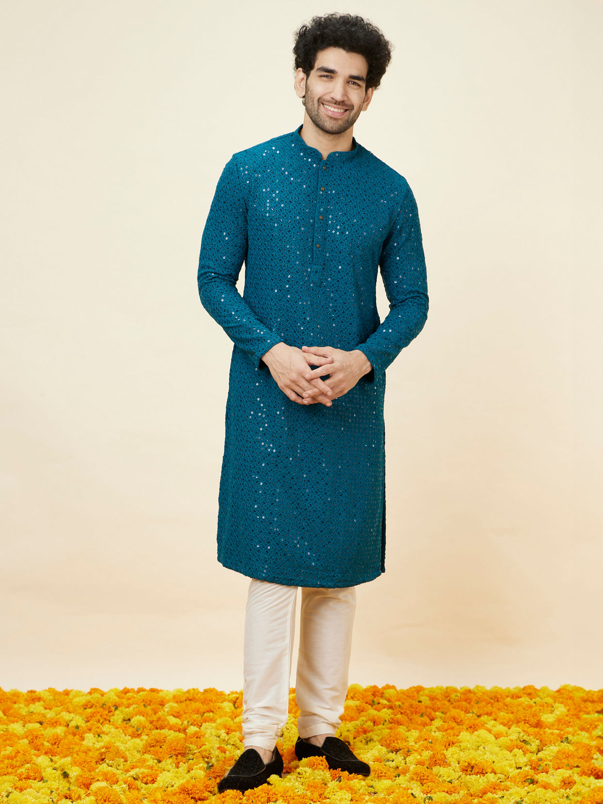 Manyavar Men Teal Blue Geometric Chikankari Kurta Set