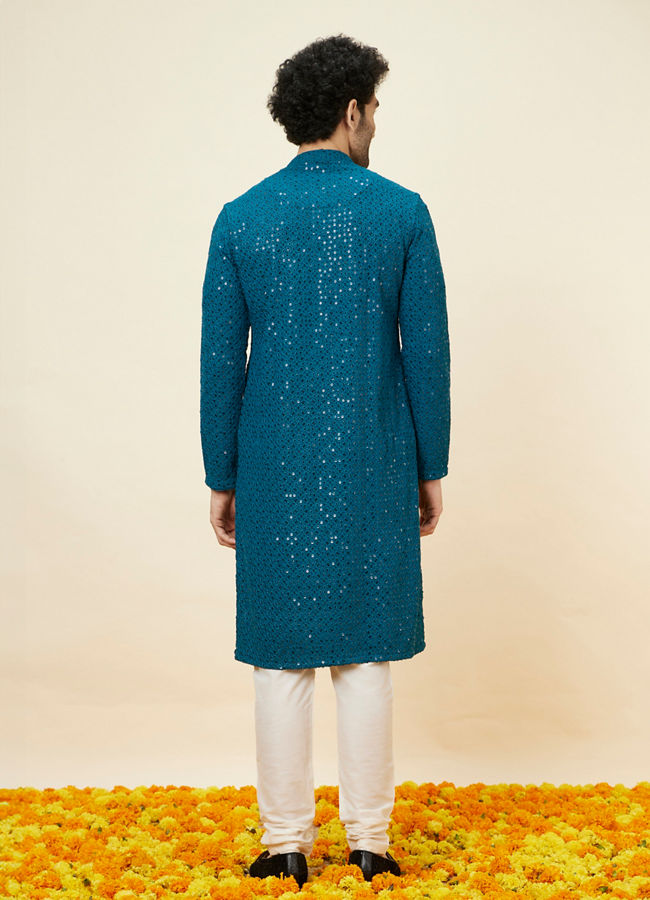 Manyavar Men Teal Blue Geometric Chikankari Kurta Set