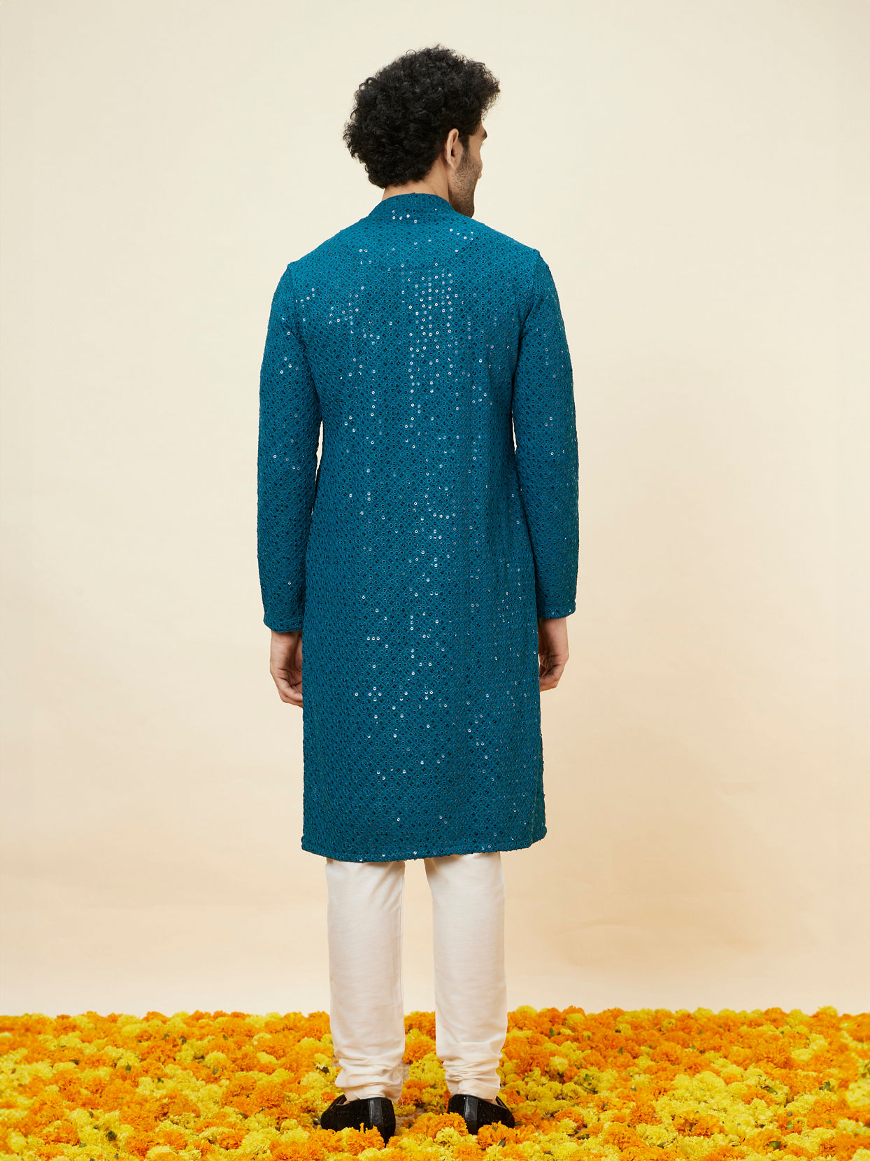 Manyavar Men Teal Blue Geometric Chikankari Kurta Set