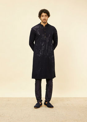 alt message - Manyavar Men Royal Blue Chikankari Embroidered Sequinned Kurta Set image number 2