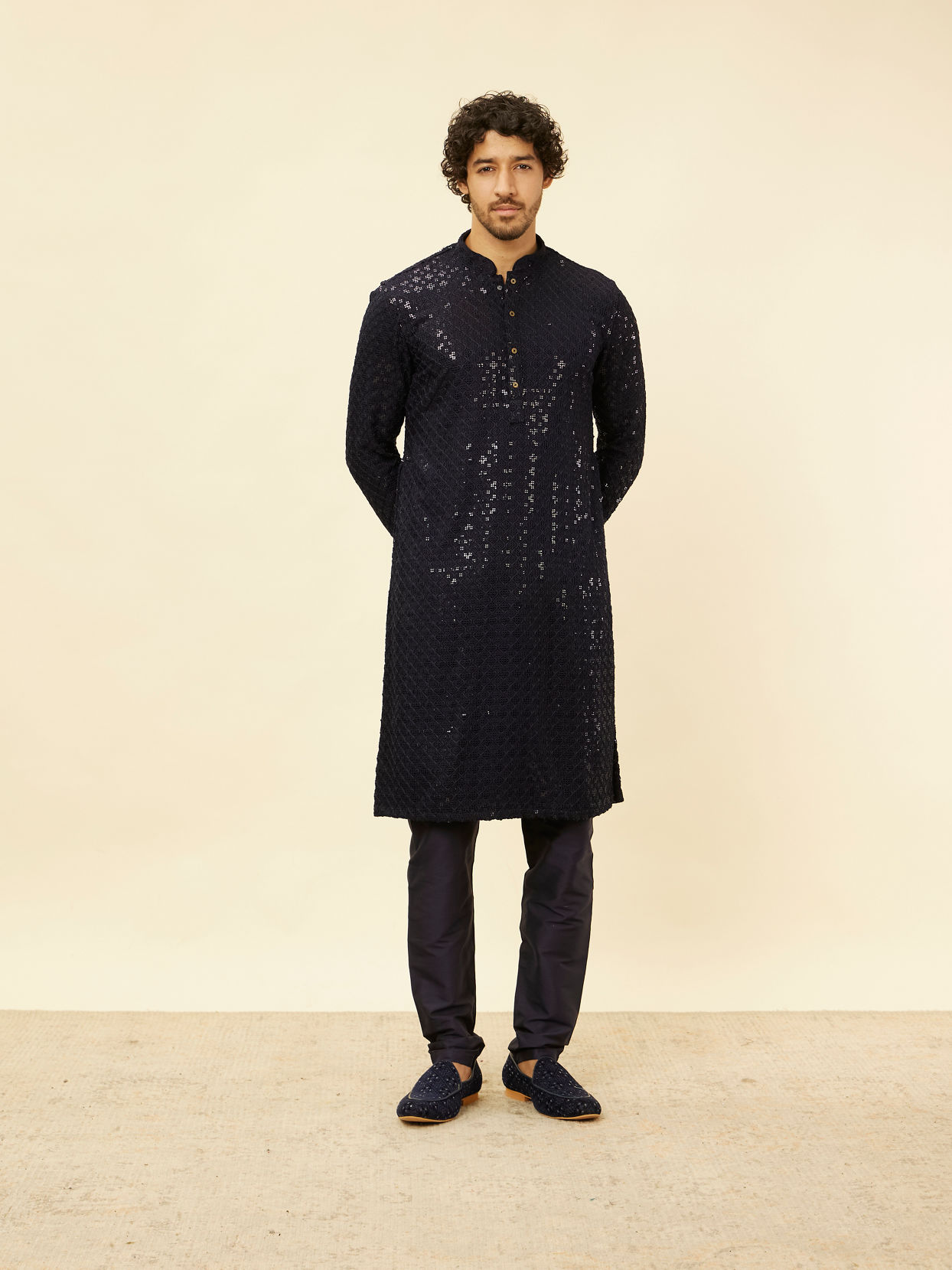 Manyavar Men Royal Blue Chikankari Embroidered Sequinned Kurta Set