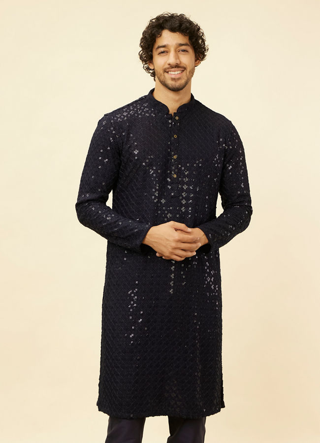 alt message - Manyavar Men Royal Blue Chikankari Embroidered Sequinned Kurta Set image number 0