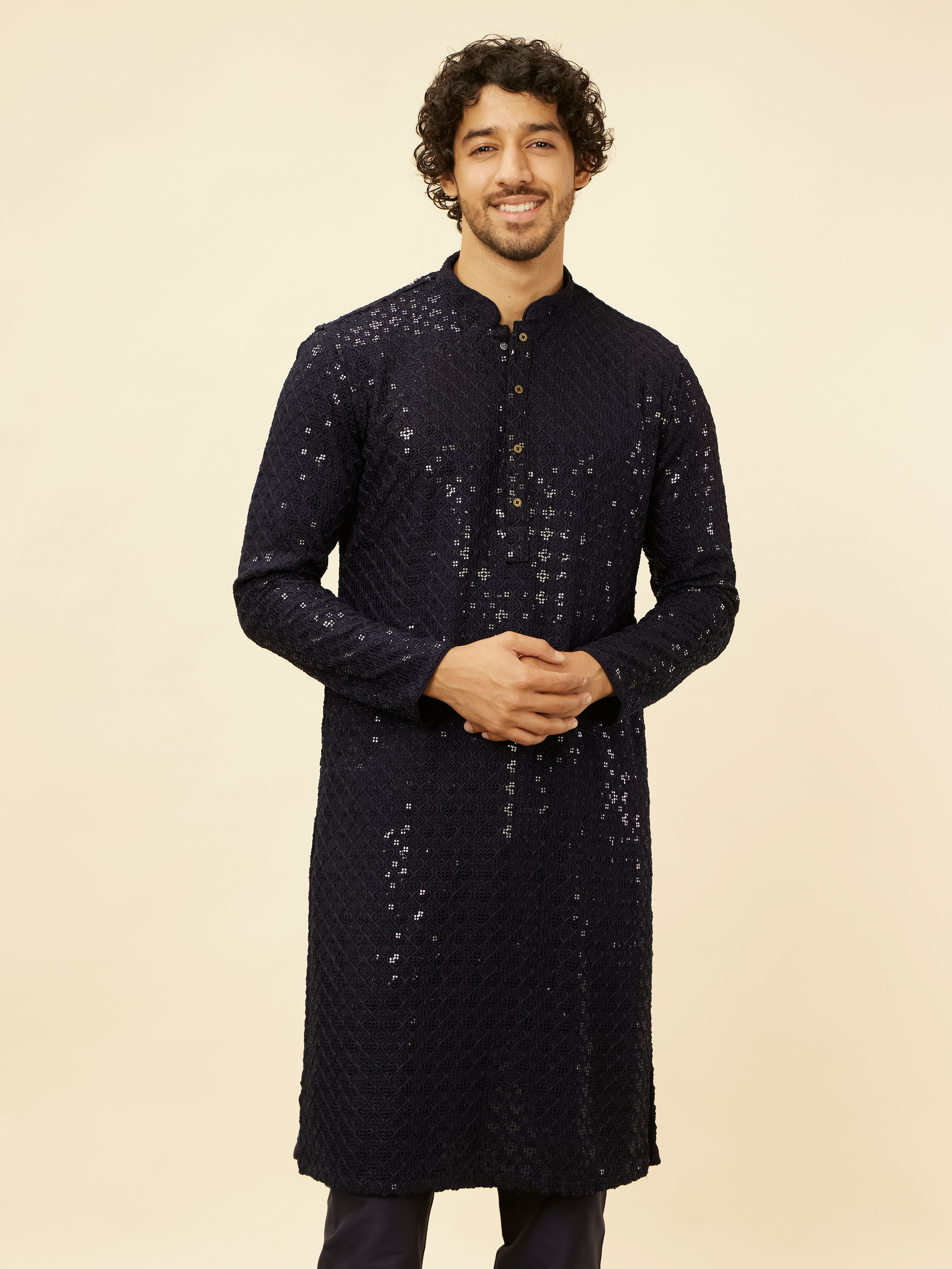 Manyavar Men Royal Blue Chikankari Embroidered Sequinned Kurta Set