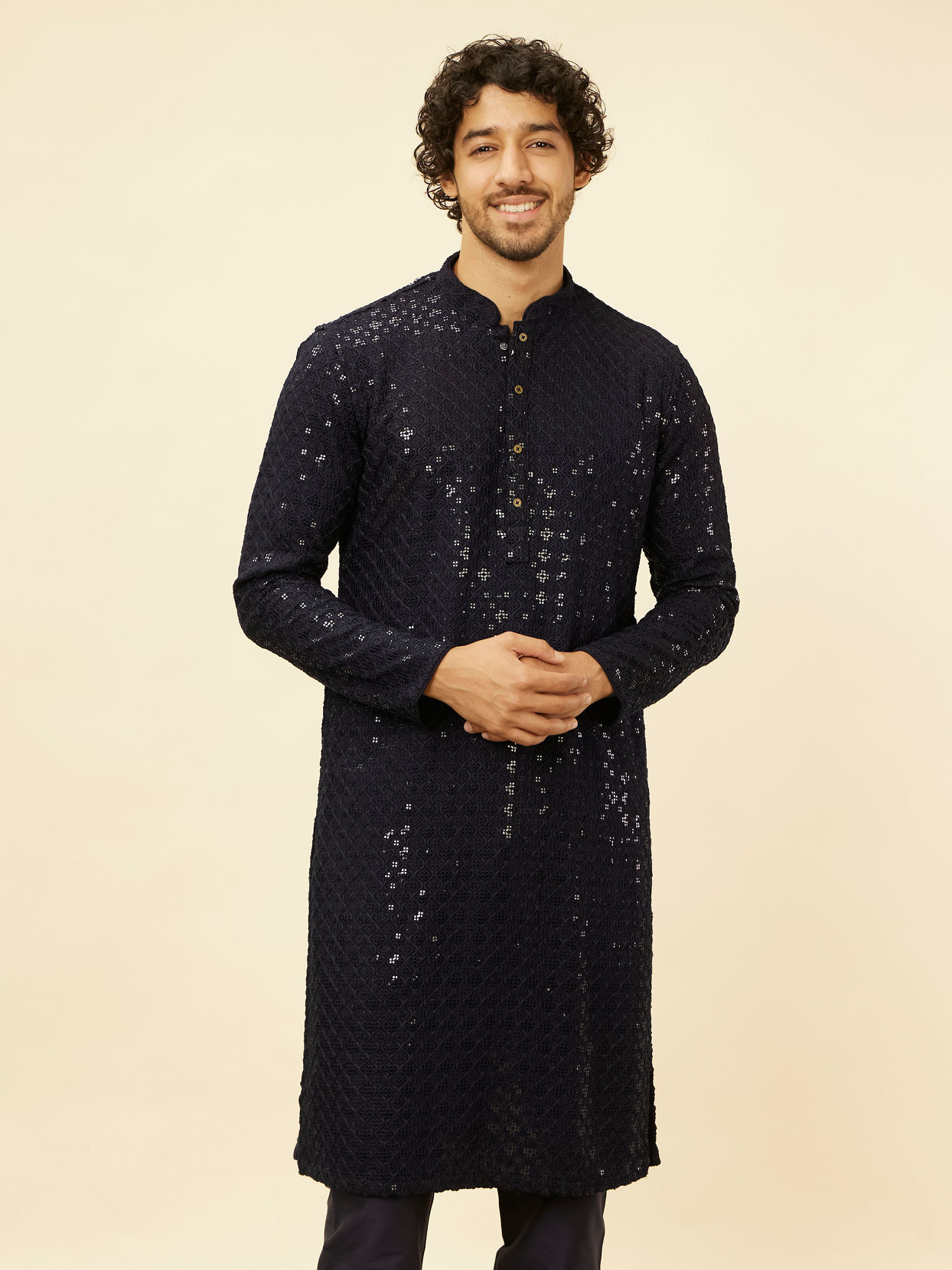 alt message - Manyavar Men Royal Blue Chikankari Embroidered Sequinned Kurta Set image number 0