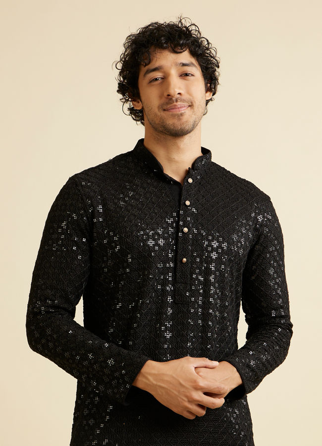 alt message - Manyavar Men Ebony Black Chikankari Embroidered Sequinned Kurta Set image number 0