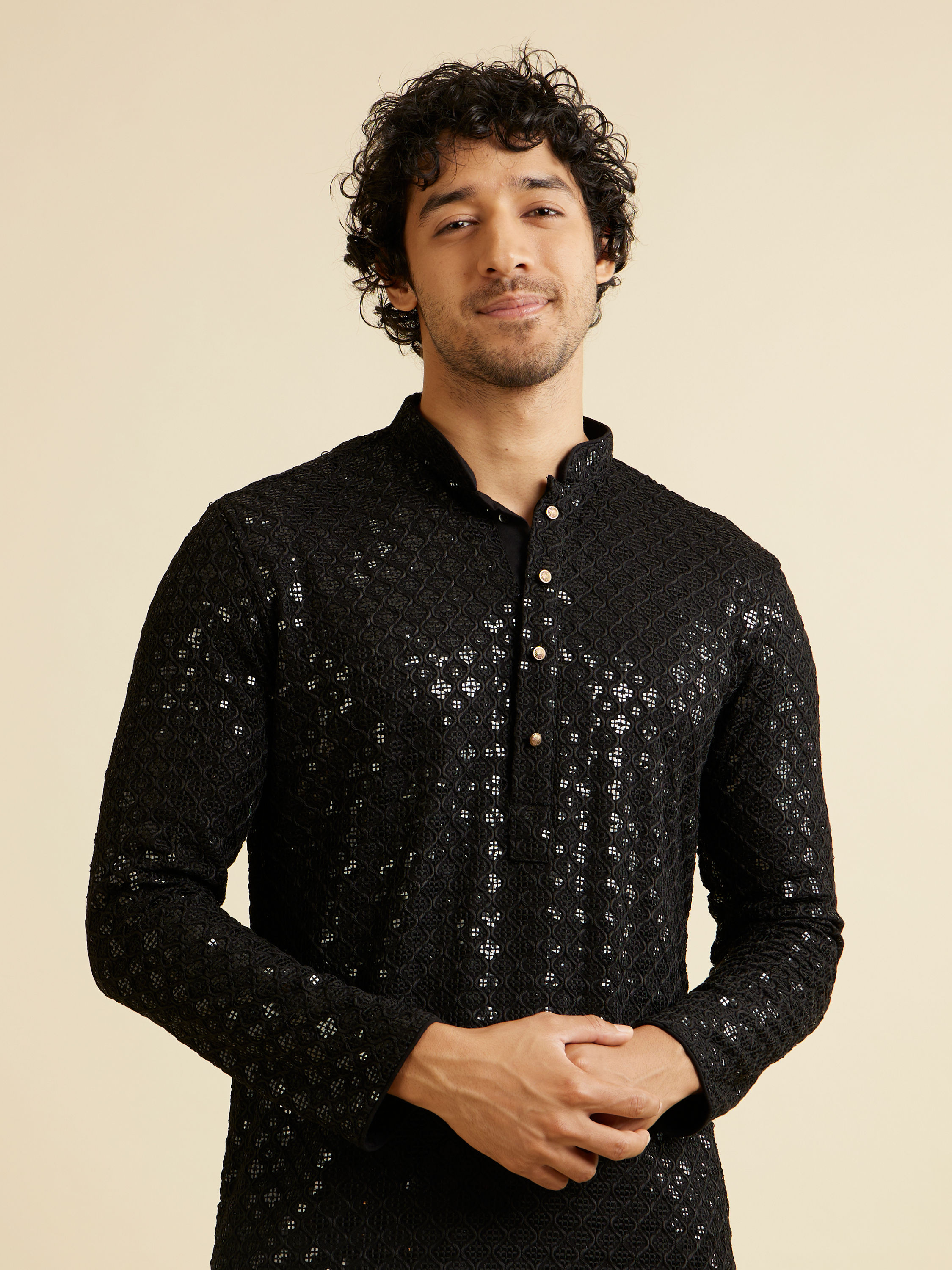 Manyavar Men Ebony Black Chikankari Embroidered Sequinned Kurta Set