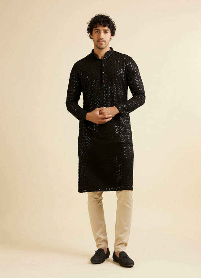 alt message - Manyavar Men Ebony Black Chikankari Embroidered Sequinned Kurta Set image number 1